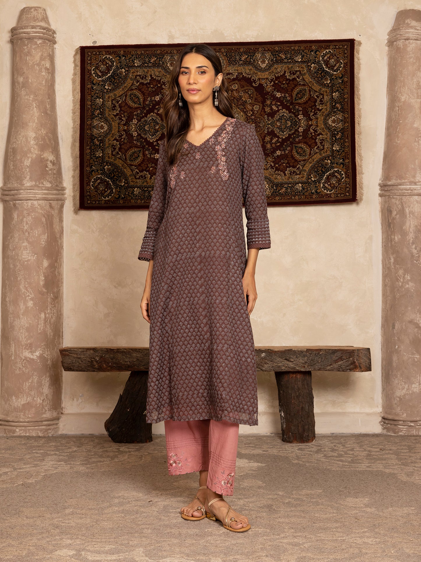 Brown  hand block print kota cotton with zardozi hand embroidery kurta set