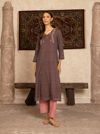 Brown  hand block print kota cotton with zardozi hand embroidery kurta set