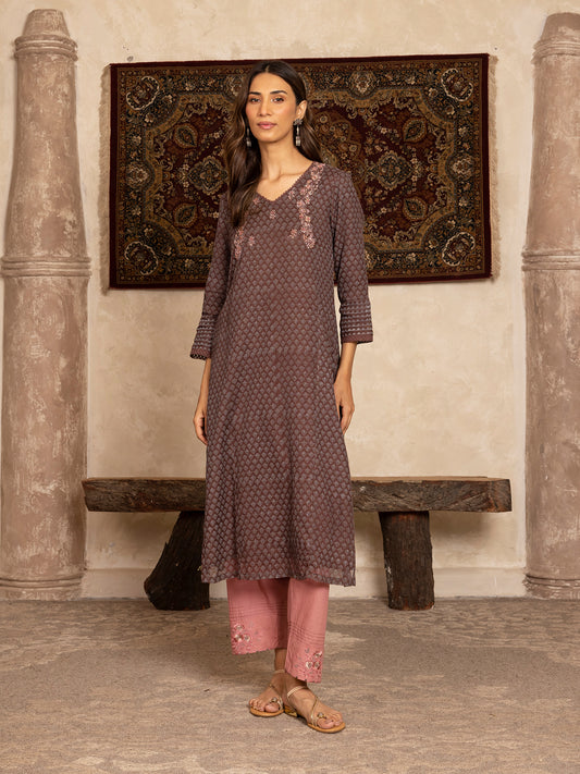 Brown  hand block print kota cotton with zardozi hand embroidery kurta