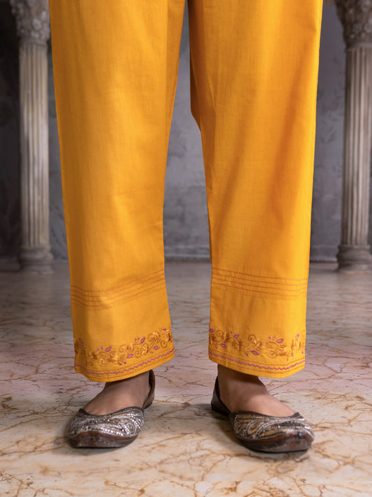 Yellow Cotton Pant  with thread and mirror work