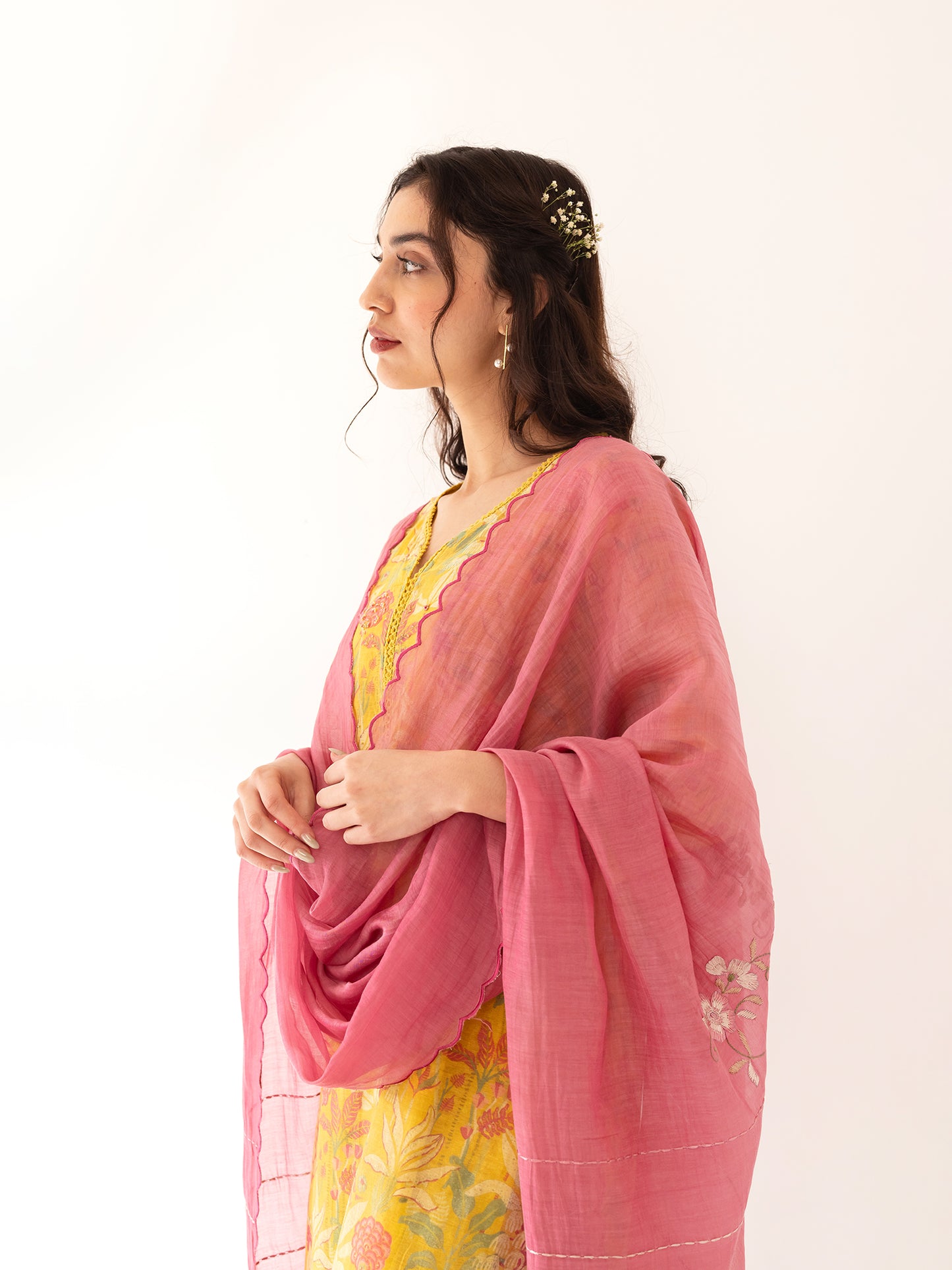 Yellow and pink floral printed mul chanderi beadwork kurta set