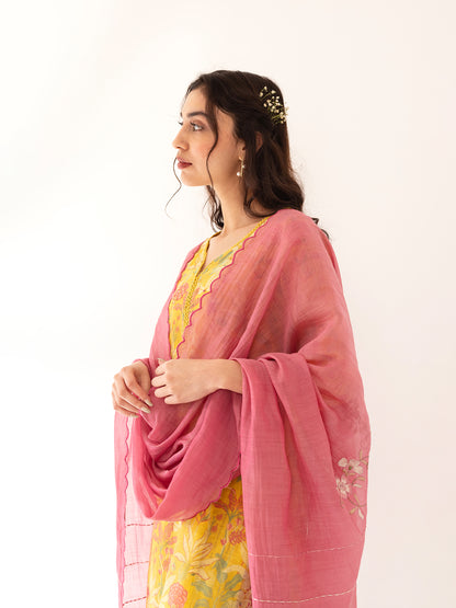 Yellow and pink floral printed mul chanderi beadwork kurta set