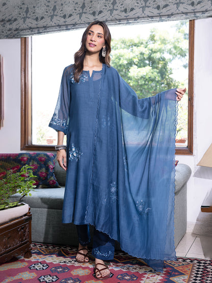Teal blue mul chanderi  thread with sequence and bead work kurta set