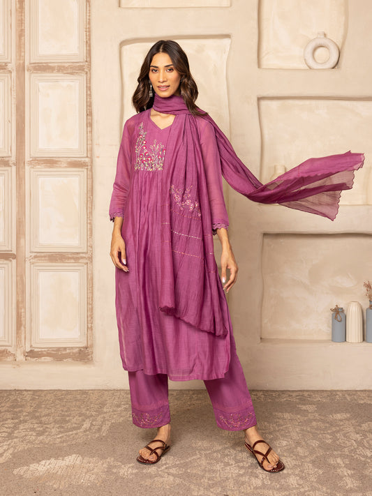 Purple mul chanderi thread with crochet hand embroidery kurta set
