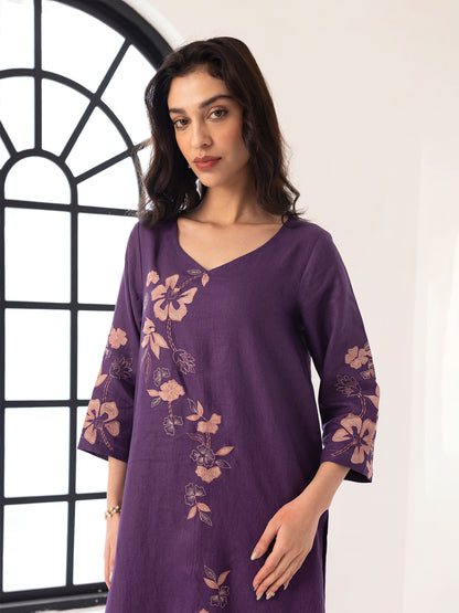 Purple linen thread and fabric cutwork kurta set