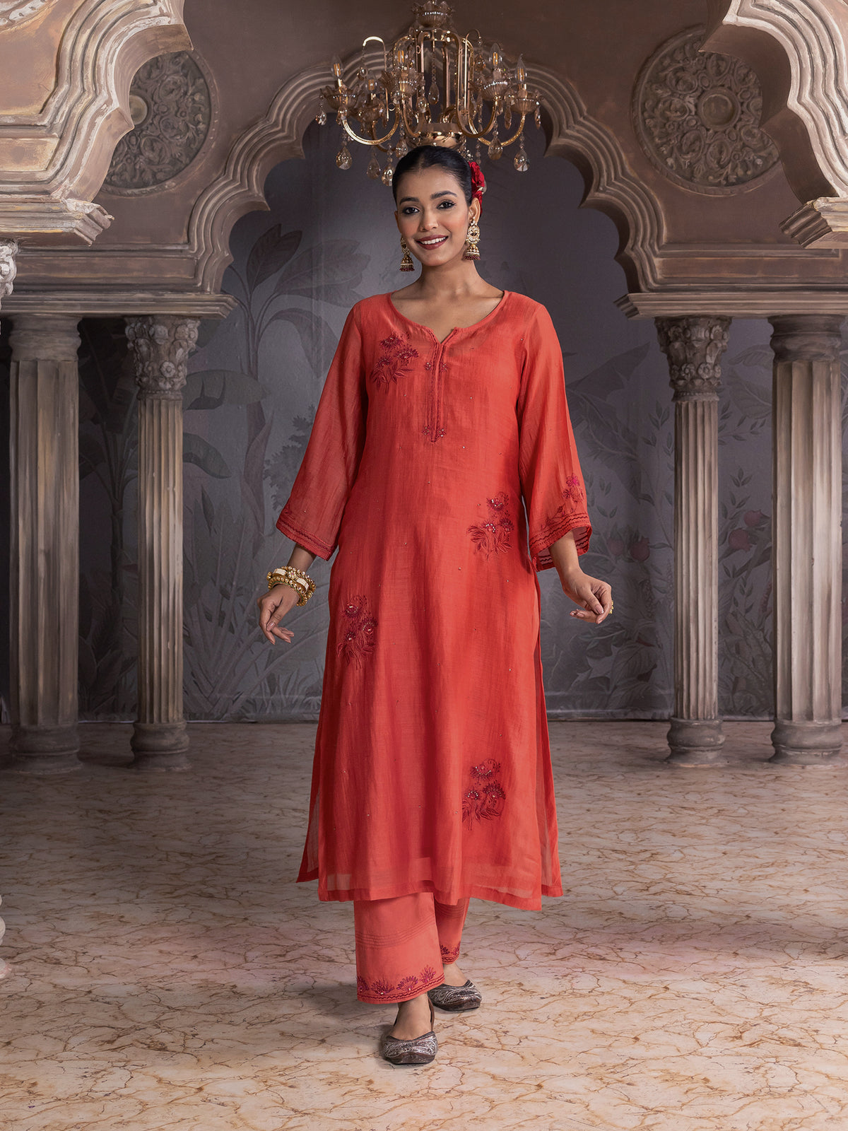 Rust orange mul chanderi thread with mirror and sequence embroidery kurta set