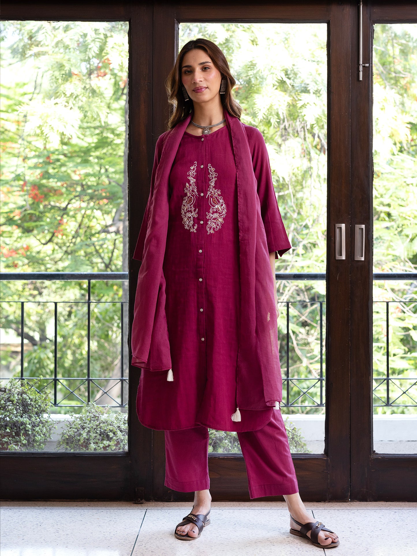 Wine cotton doriwork co-ord set