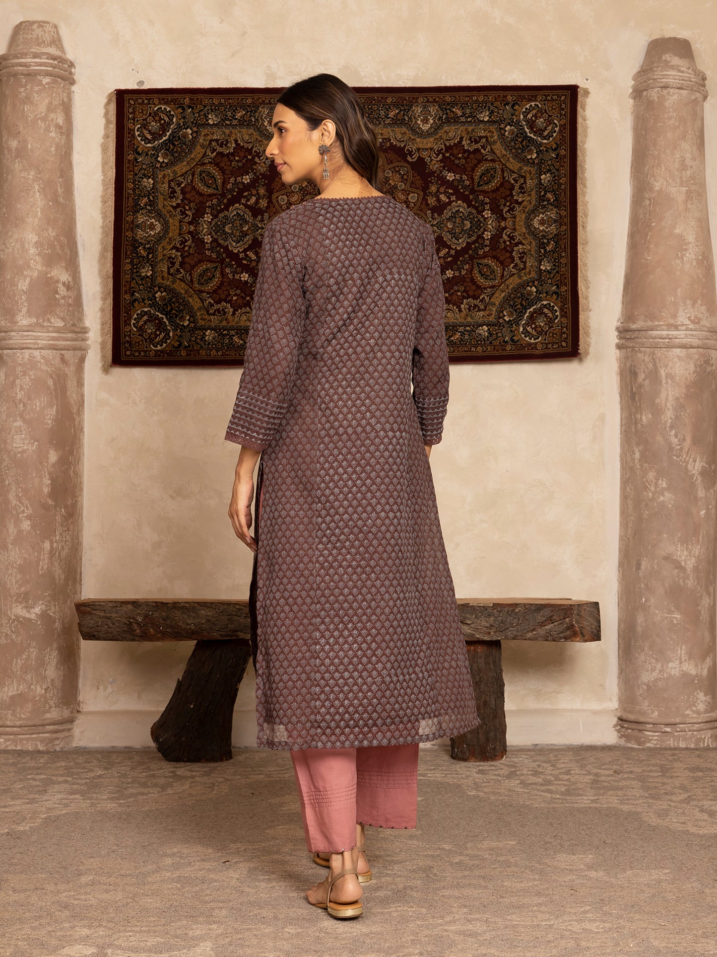 Brown  hand block print kota cotton with zardozi hand embroidery kurta set