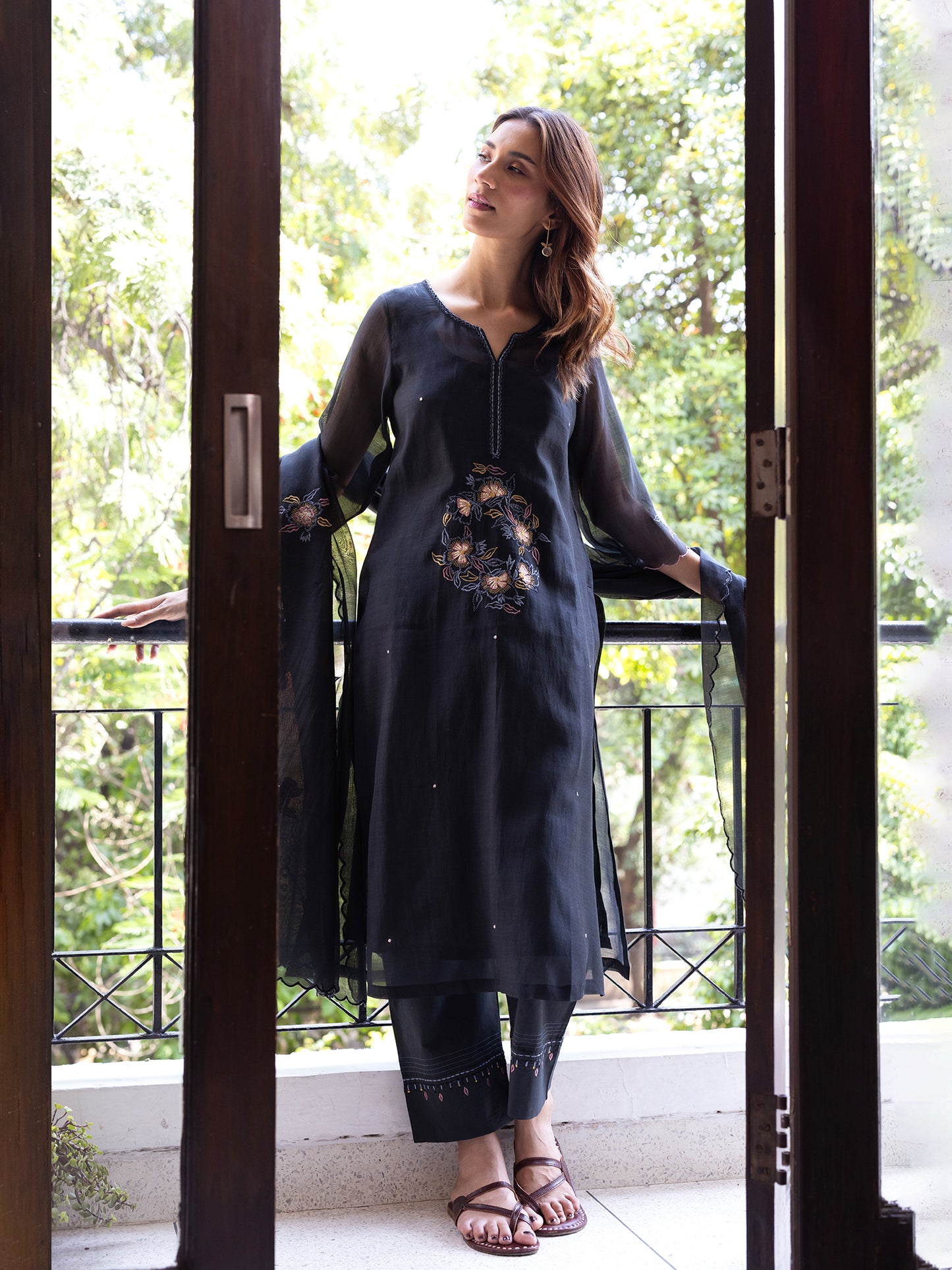 Black mul chanderi gota with thread embroidery kurta set