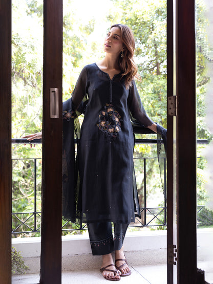 Black mul chanderi gota with thread embroidery kurta set