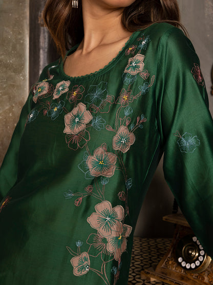 Bottle green silk chanderi thread and fabric cutwork work kurta set