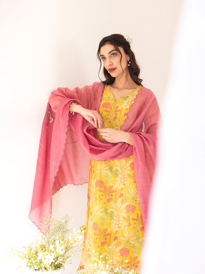Yellow and pink floral printed mul chanderi beadwork kurta set