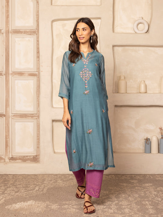 Teal mul chanderi thread with crochet hand embroidery kurta