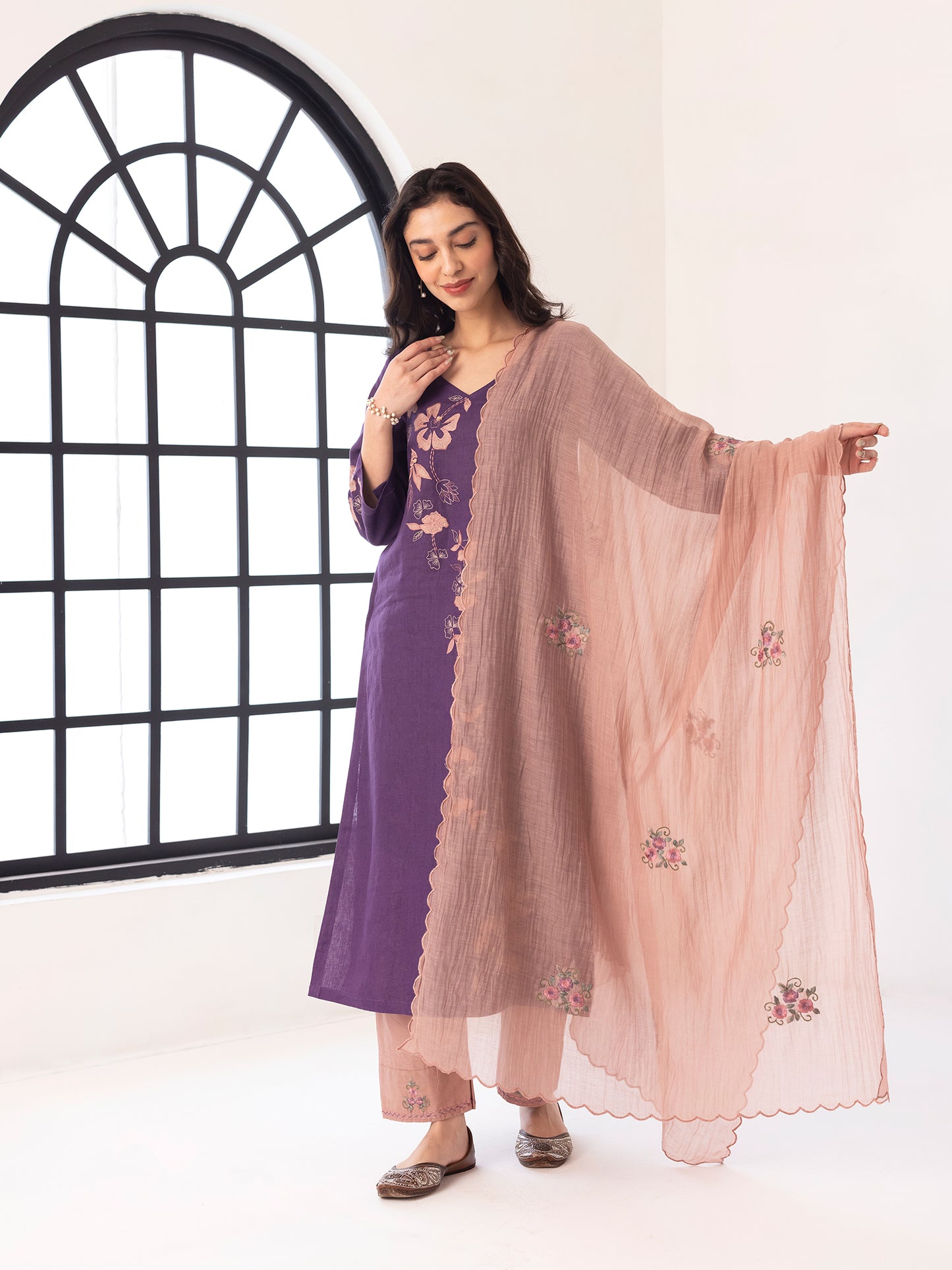 Purple linen thread and fabric cutwork kurta set