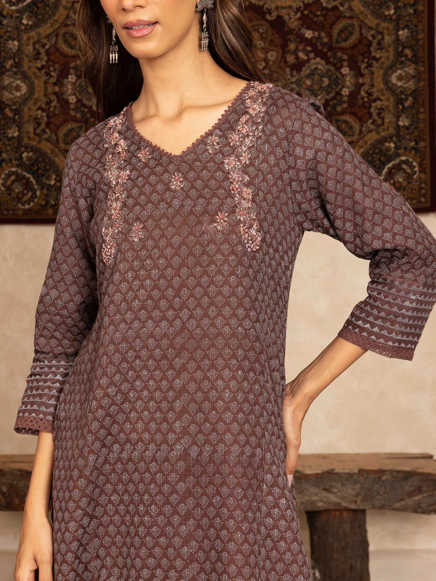 Brown  hand block print kota cotton with zardozi hand embroidery kurta set