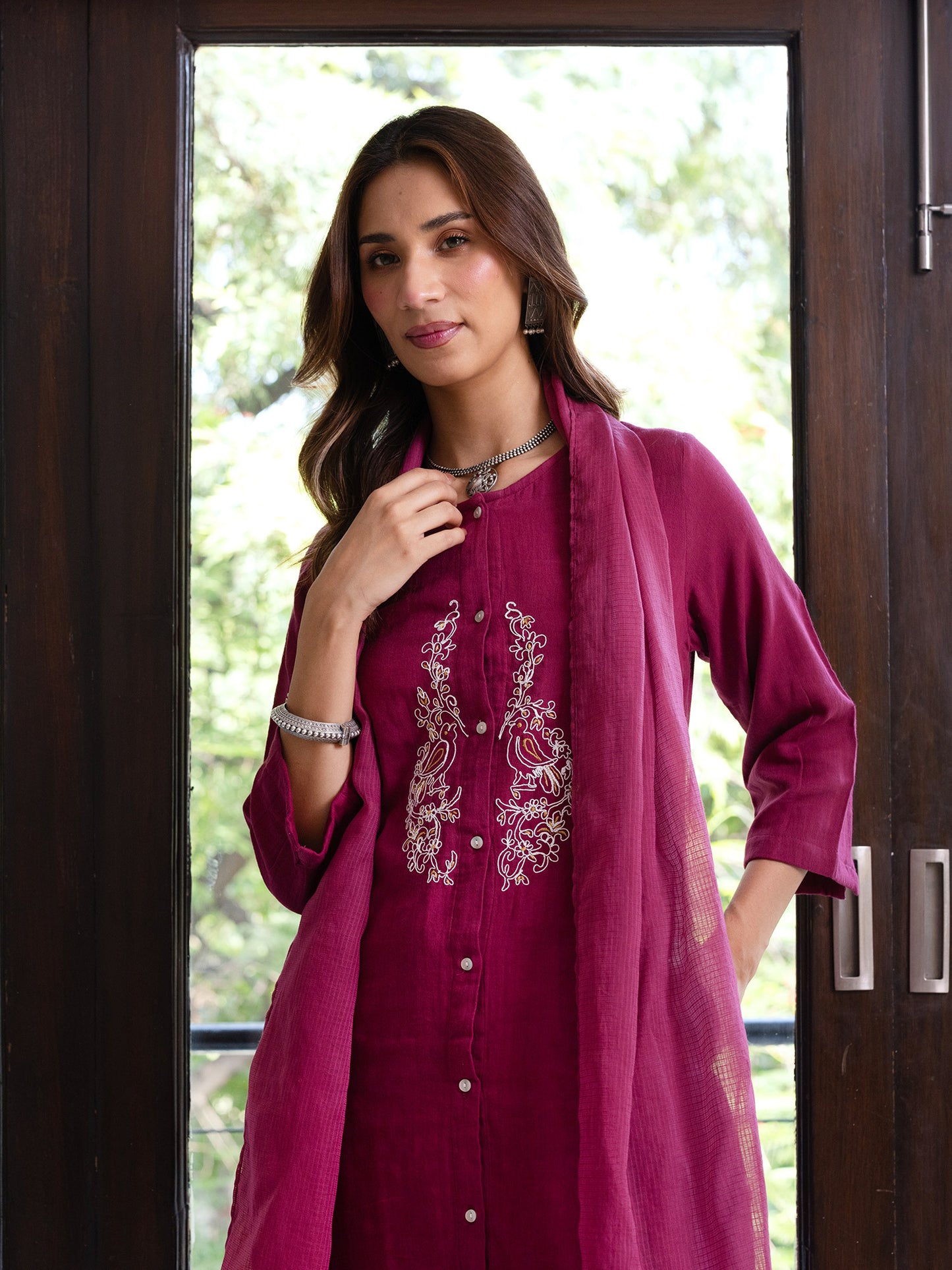 Wine cotton doriwork co-ord set