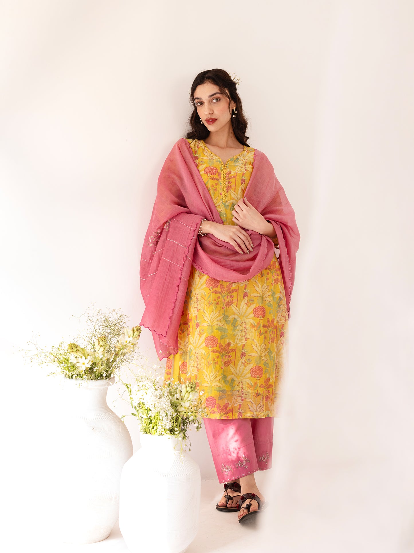 Yellow and pink floral printed mul chanderi beadwork kurta set