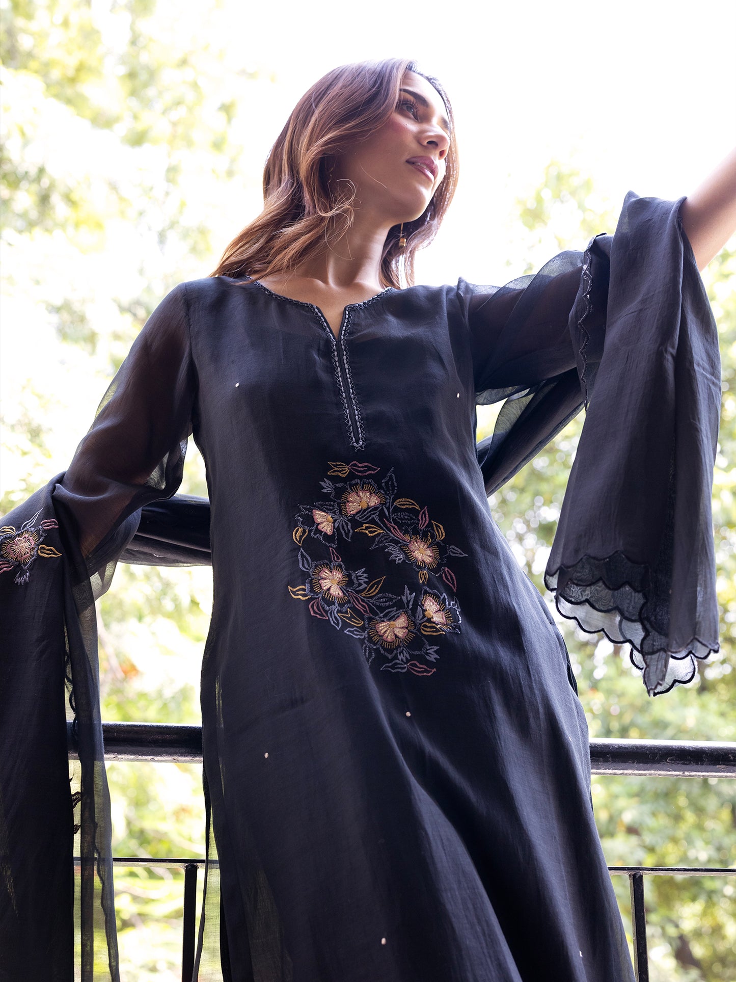 Black mul chanderi gota with thread embroidery kurta set