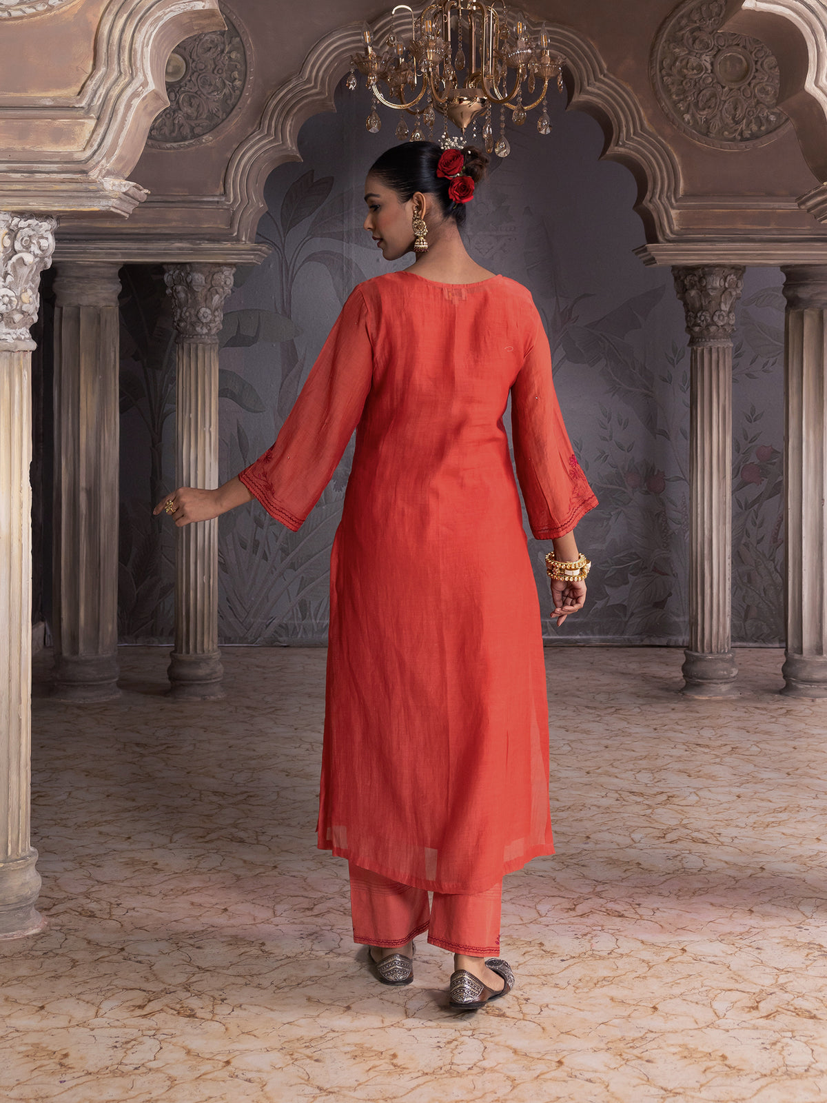 Rust orange mul chanderi thread with mirror and sequence embroidery kurta