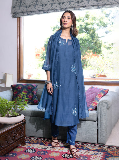 Teal blue mul chanderi  thread with sequence and bead work kurta set
