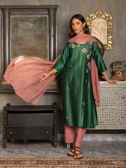 Bottle green silk chanderi thread and fabric cutwork work kurta set