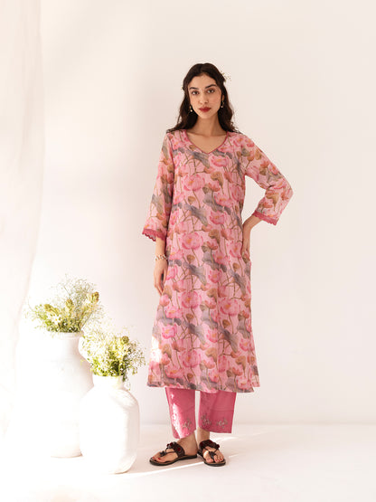Pink lotus floral printed mul chanderi beadwork kurta set