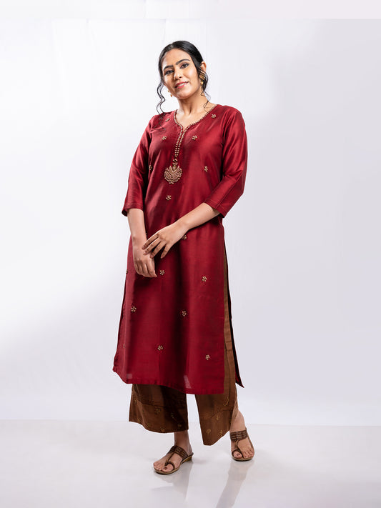 Red cotton silk aari hand embroidery kurta