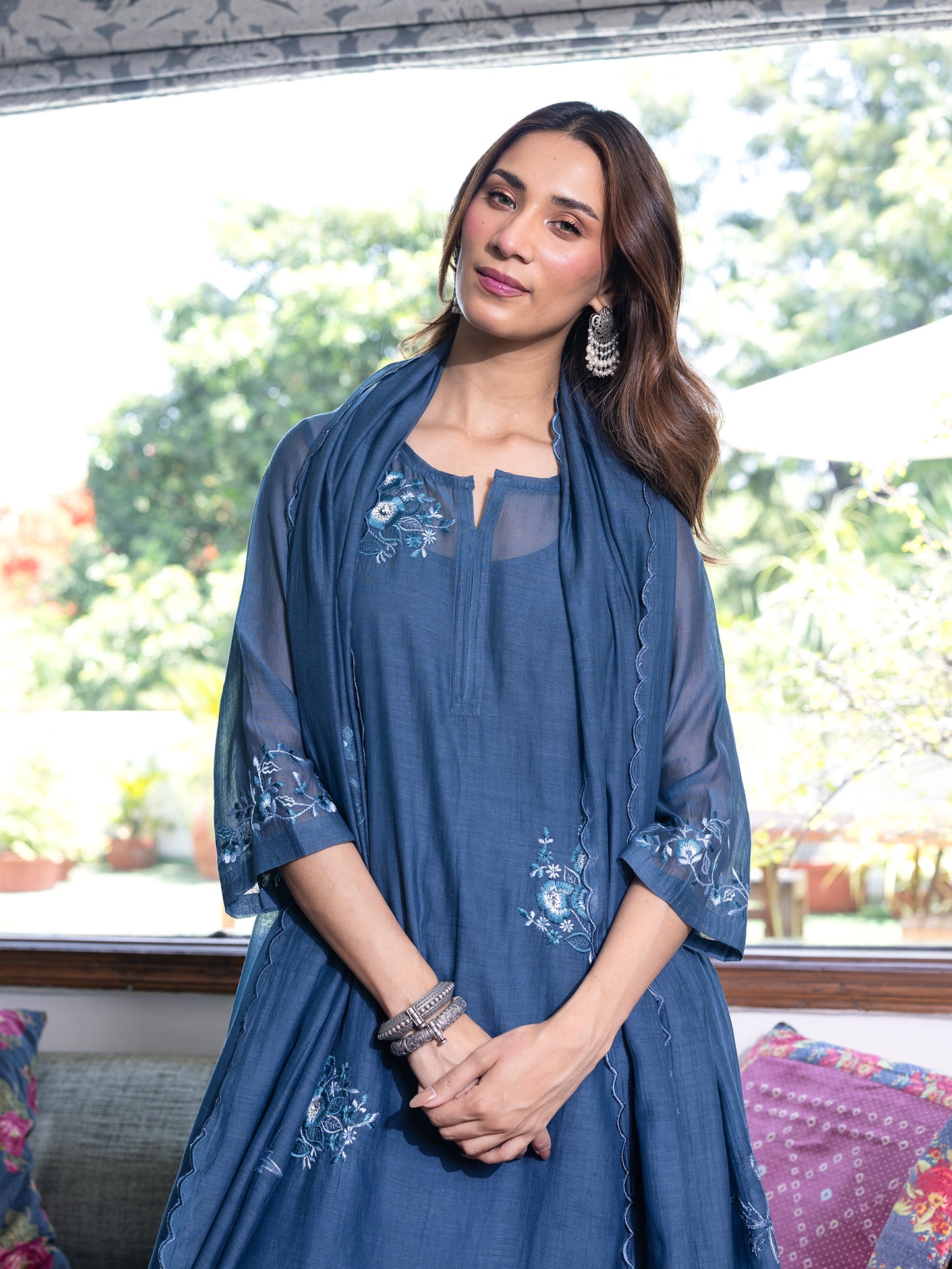 Teal blue mul chanderi  thread with sequence and bead work kurta