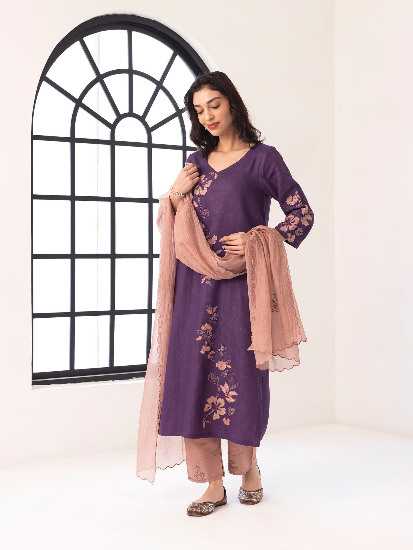Purple linen thread and fabric cutwork kurta set