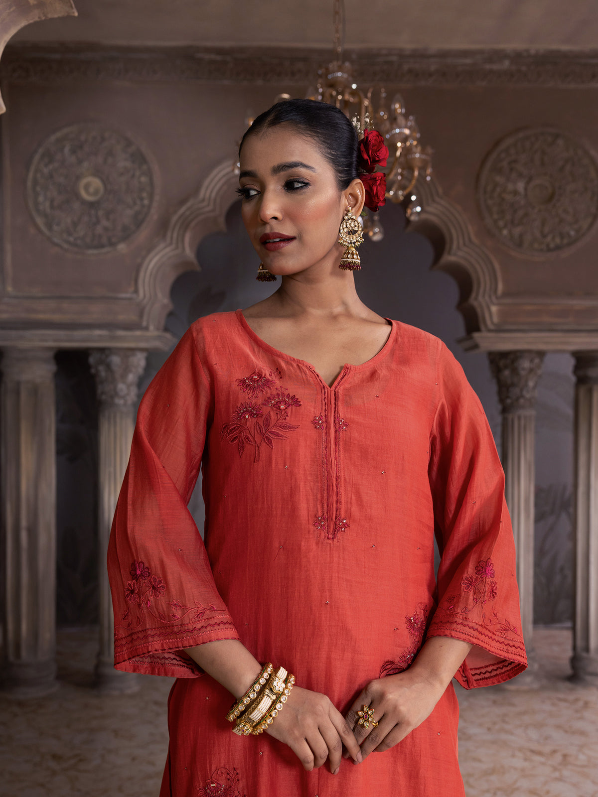 Rust orange mul chanderi thread with mirror and sequence embroidery kurta set
