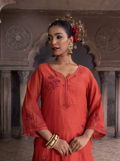 Rust orange mul chanderi thread with mirror and sequence embroidery kurta