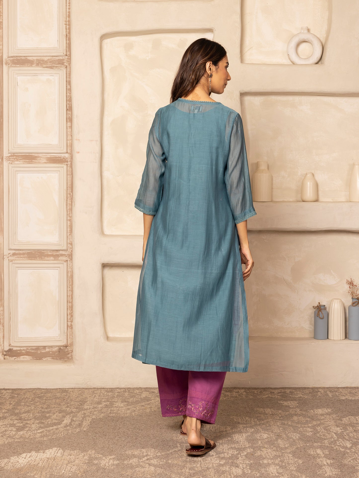 Teal mul chanderi thread with crochet hand embroidery kurta