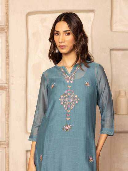 Teal mul chanderi thread with crochet hand embroidery kurta