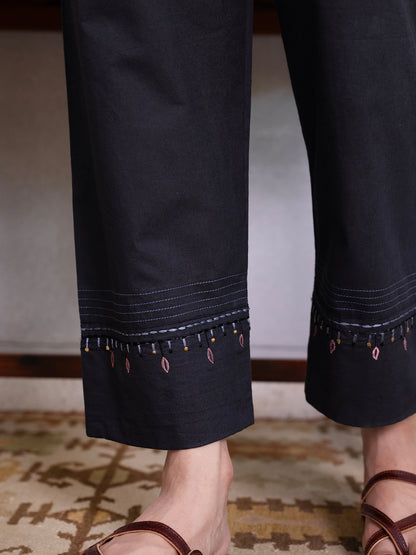 Black mul chanderi gota with thread embroidery kurta set