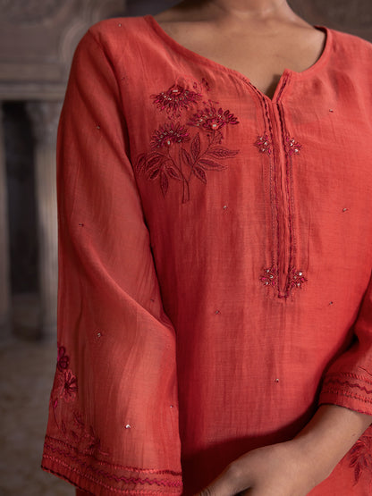 Rust orange mul chanderi thread with mirror and sequence embroidery kurta set