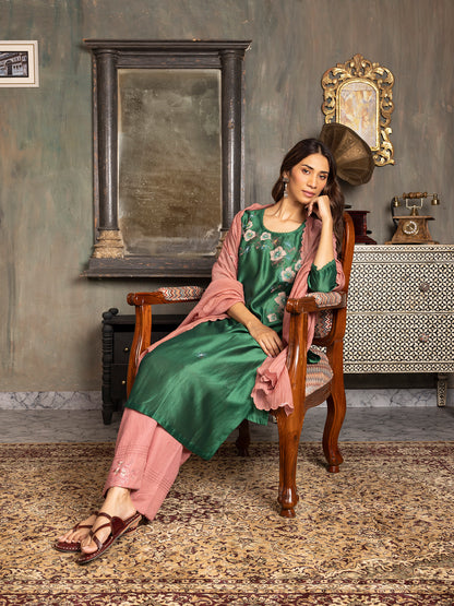 Bottle green silk chanderi thread and fabric cutwork work kurta set