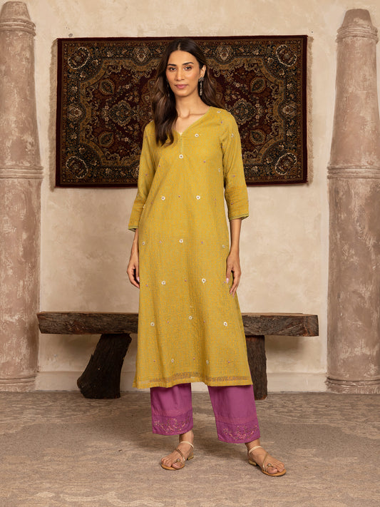 Parrot green hand block print kota cotton with zardozi hand embroidery kurta
