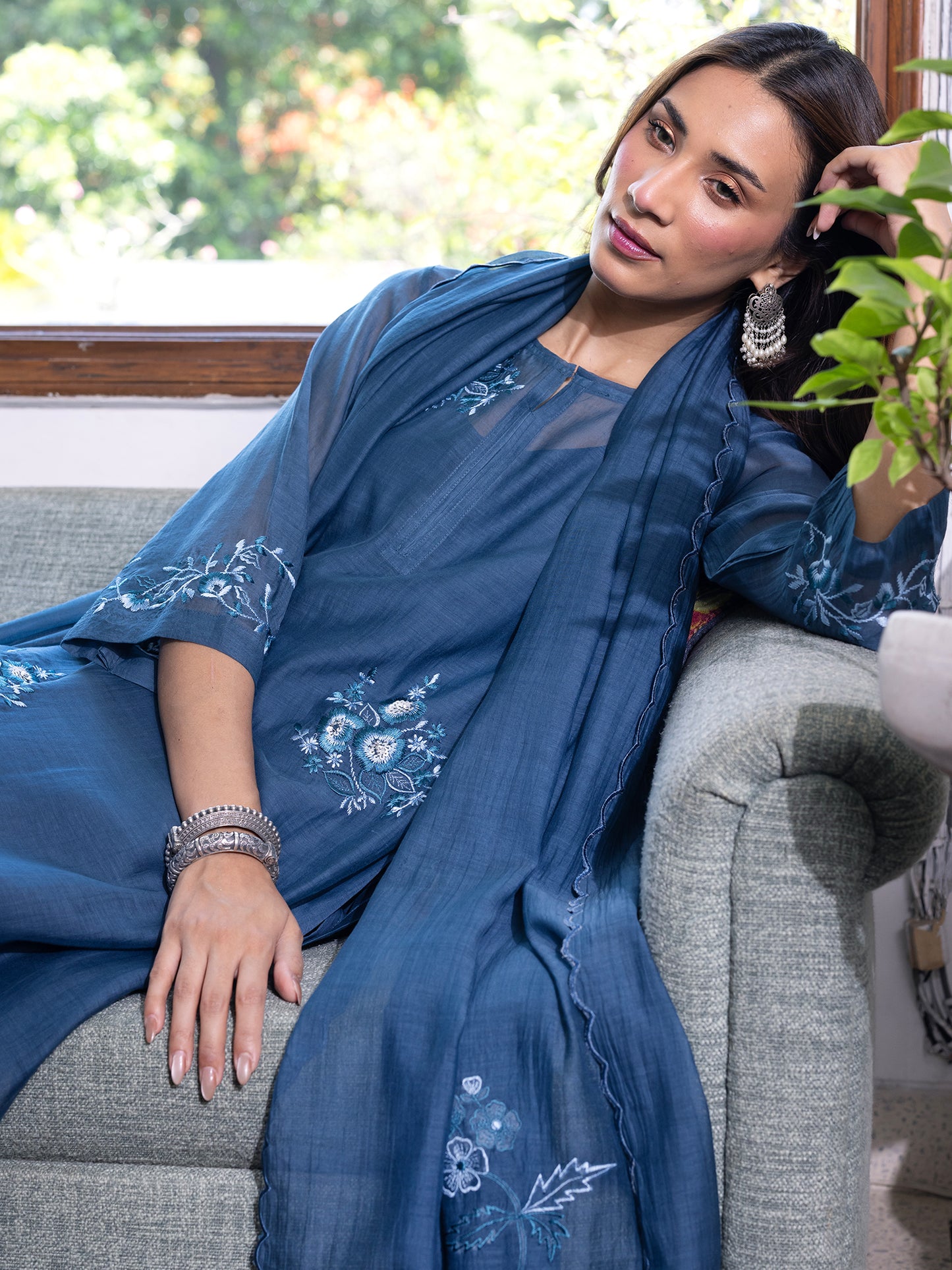 Teal blue mul chanderi  thread with sequence and bead work kurta