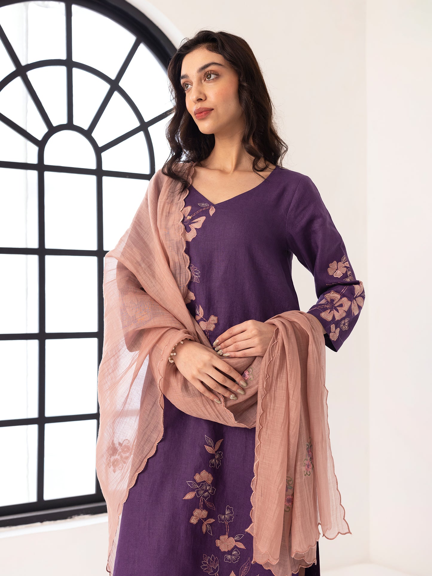 Purple linen thread and fabric cutwork kurta set
