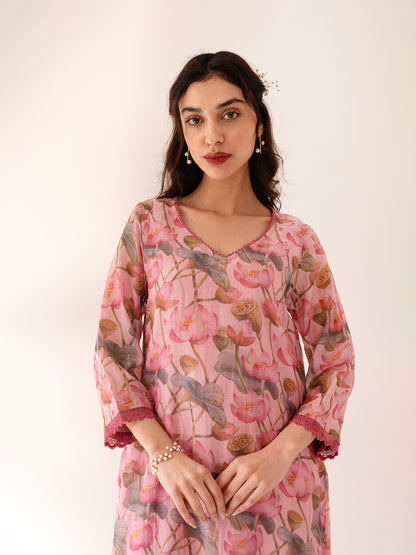 Pink lotus floral printed mul chanderi beadwork kurta set