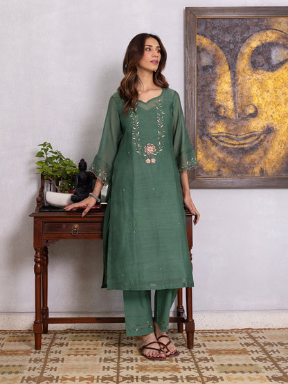 Green mul chanderi gota with thread embroidery kurta set