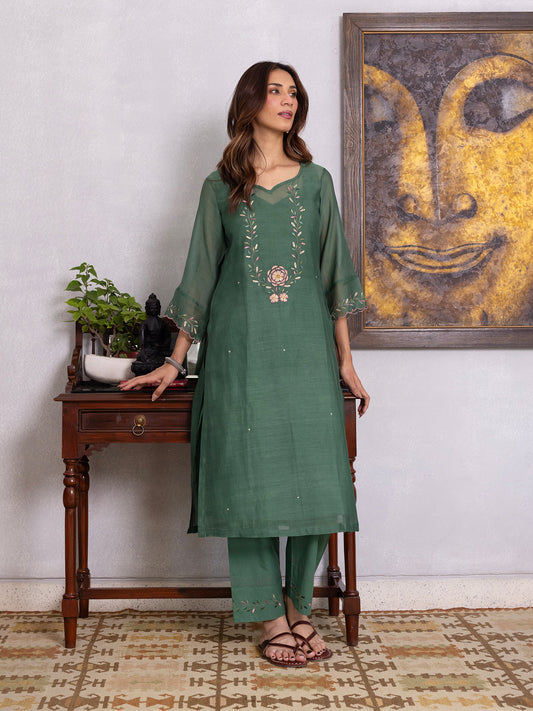 Green mul chanderi gota with thread embroidery kurta
