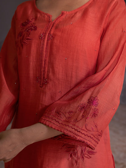 Rust orange mul chanderi thread with mirror and sequence embroidery kurta set