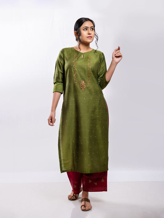 Mehndi green cotton silk aari hand embroidery kurta