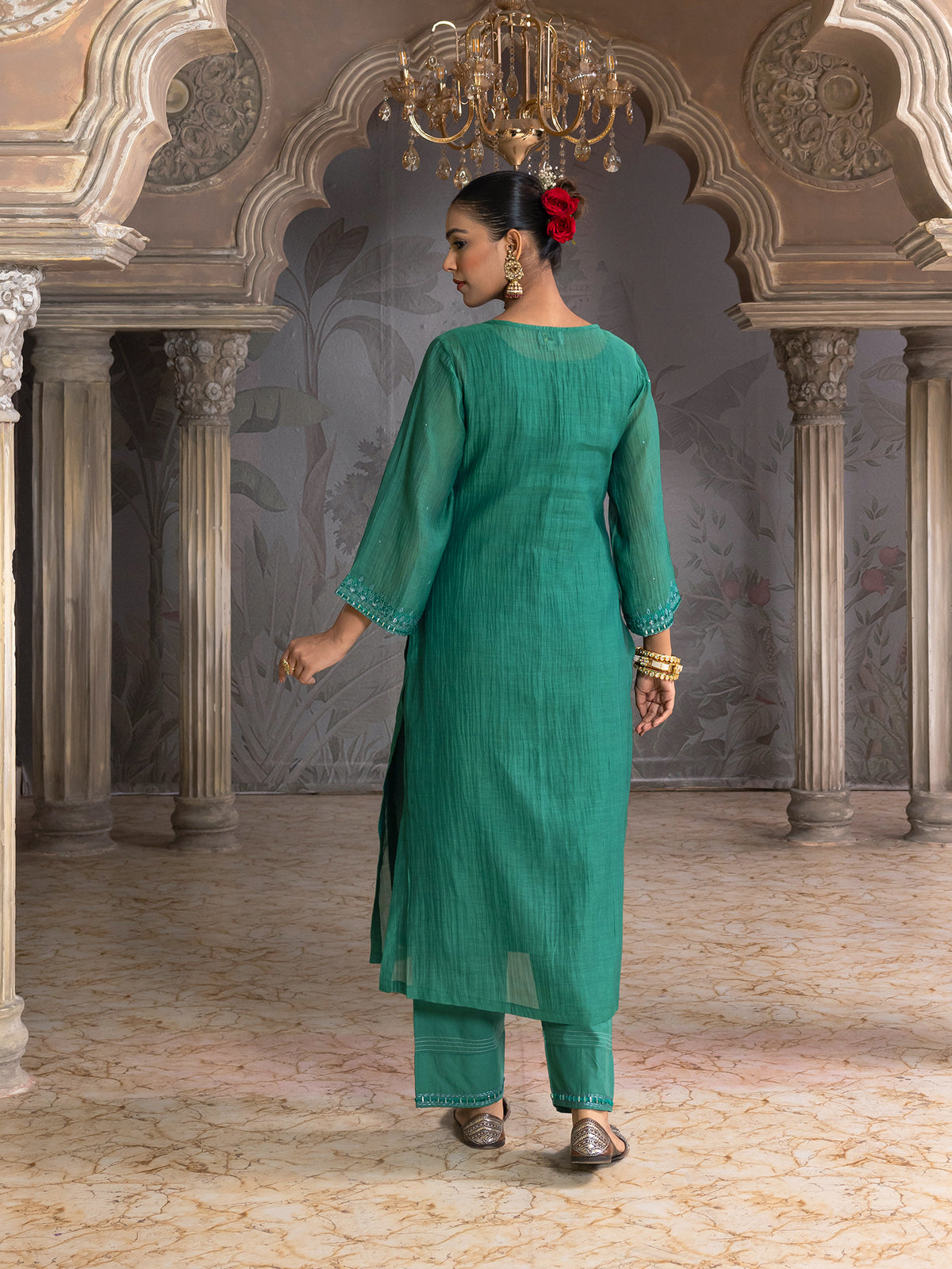 Bottle green mul chanderi thread with mirror and sequence embroidery kurta set