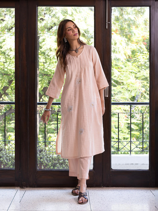 Peach cotton doriwork kurta