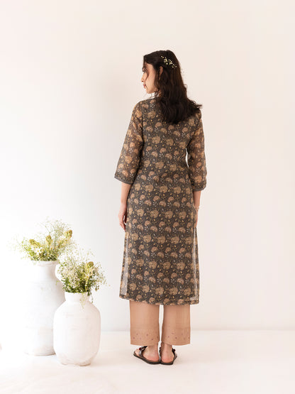 Charcoal floral printed mul chanderi beadwork kurta set