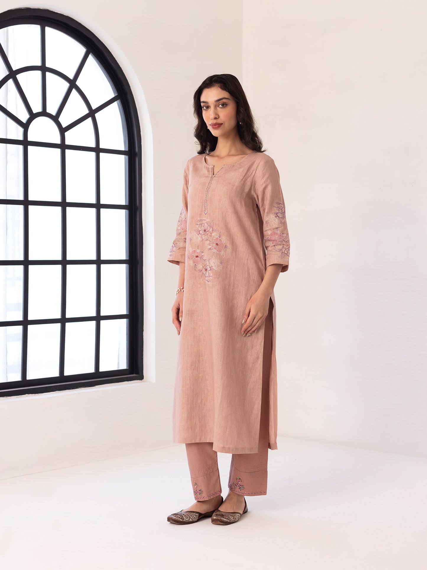 Old rose linen thread and fabric cutwork kurta