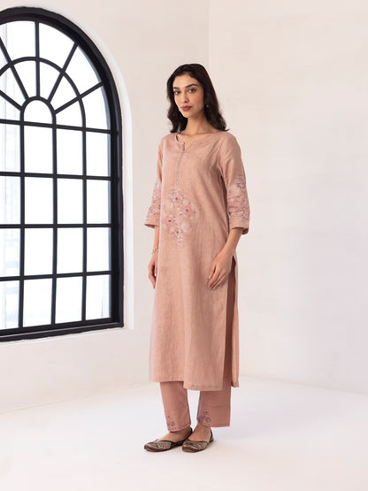 Old rose linen thread and fabric cutwork kurta