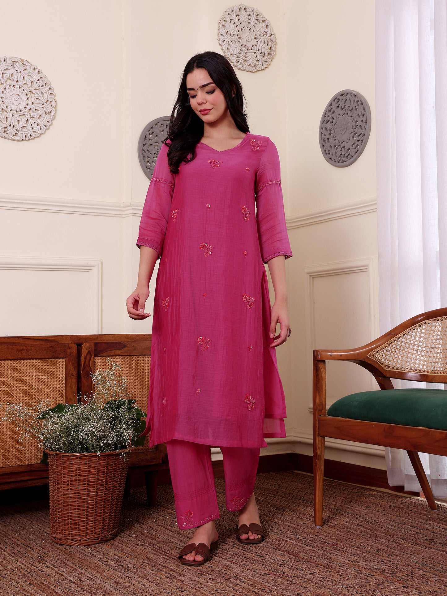 Rani pink mul Chanderi beadwork Kurta Set